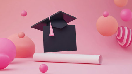 A creative depiction of a graduation cap and diploma against a vibrant pink background filled with playful 3D shapes, symbolizing educational achievement and joyous celebration.の素材