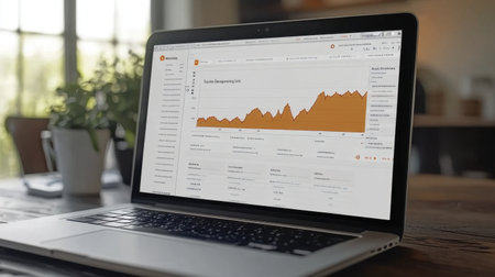 A sleek laptop showcases dynamic analytical data and graphs in an office setting, merging technology with a creative workspace that inspires productivity and innovation.の素材