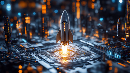 A stunning visual of a rocket launching from a circuit board in a vibrant cityscape, symbolizing advances in technology and the spirit of exploration in a mesmerizing digital world.の素材