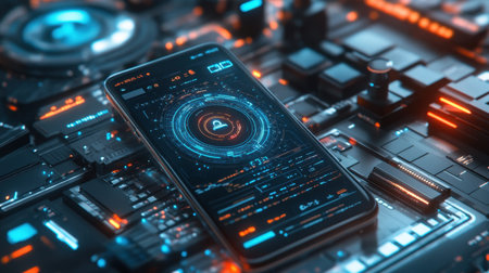 A sleek smartphone rests on a dark circuit board, showcasing a vibrant, glowing technology interface that represents modern digital innovation and connectivity.の素材