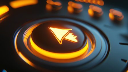 This close-up image showcases a futuristic button with an illuminated pointer symbol, highlighting digital navigation and modern interface design concepts as creative technology.の素材