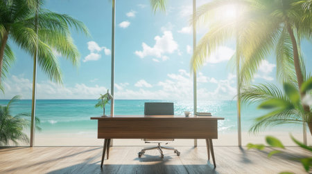 A bright and inviting office space featuring a wooden desk with a stunning view of the ocean and palm trees, creating a tranquil atmosphere for work or relaxation.の素材