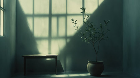 A tranquil indoor scene showcasing a potted plant and a simple table, surrounded by soft light and deep shadows, creating an atmosphere of calm and minimalist elegance.の素材