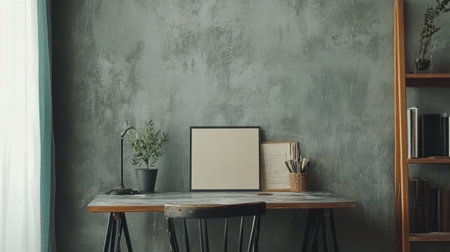 A serene workspace featuring a wooden desk, minimal decor, and a calming green wall, perfect for fostering creativity, focus, and inspiration in a modern setting.の素材