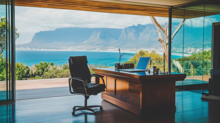 A sleek, modern office features a stunning coastal view, providing an inspiring environment for work and creativity, with plenty of natural light and serenity.の素材