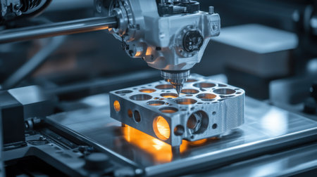High-tech CNC machining process showcasing a metal component being worked on in a modern factory. The image highlights precision, automation, and advanced engineering techniques in manufacturing.の素材