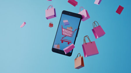 A vibrant and imaginative depiction of a mobile shopping experience, showcasing a smartphone displaying a shopping cart amidst floating colorful bags, ideal for retail and tech-related themes.の素材