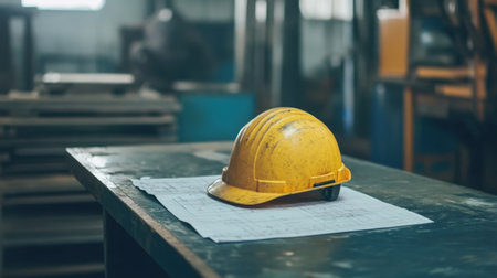 A yellow safety helmet rests on blueprints in a construction workshop, emphasizing the critical role of protective gear and planning in building projects and work safety.の素材