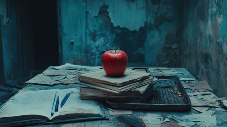 A striking red apple rests on top of worn books amidst scattered papers, capturing the essence of nostalgia and the beauty of decay in a hauntingly quiet setting.の素材
