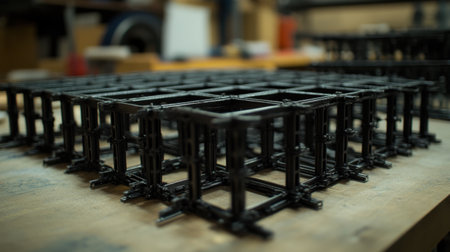 Close-up view of a black construction framework arranged on a wooden surface, showcasing the intricate details of components in a workshop setting with tools in the background.の素材
