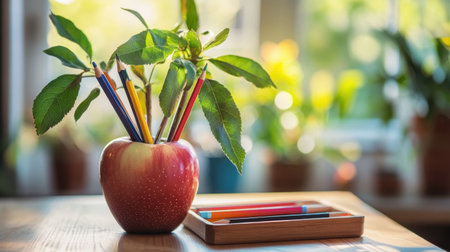 A colorful arrangement featuring an apple filled with pencils and fresh leaves, set against a softly lit indoor backdrop. Ideal for themes of education and creativity.の素材