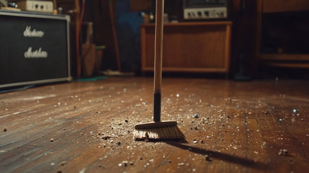 A broom stands amidst scattered debris on a wooden floor, capturing the essence of a cozy and inviting home space with vintage decor and soft ambient lighting.の素材
