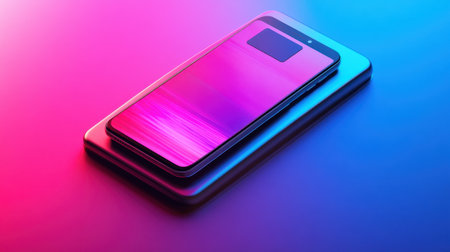 A sleek smartphone rests elegantly on a modern surface, featuring a gradient of purple and blue hues, highlighting contemporary design and technological advancement. Perfect for digital media.の素材