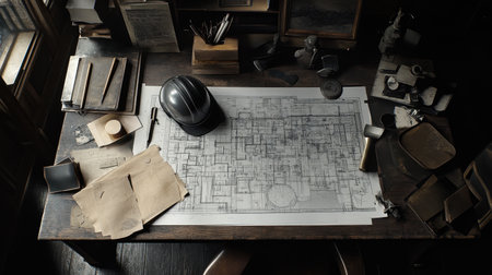 A captivating scene of a workspace showcases an architectural plan laid out on a desk, surrounded by tools and documents, evoking creativity and precision in design and construction.の素材
