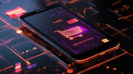 A sleek smartphone with a vibrant shopping cart interface sits on a futuristic digital background, symbolizing the rise of e-commerce and modern consumer engagement in technology.の素材