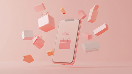 A visually engaging depiction of mobile shopping with floating bags and boxes on a soft pink background, ideal for themes related to e-commerce, technology, and modern retail.の素材