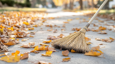 Autumn cleanup is depicted with a broom sweeping vibrant leaves from a walkway, showcasing the beauty of fall while emphasizing outdoor chores and seasonal maintenance.の素材