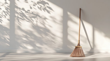 This minimalist image captures a broom leaning against a wall, with soft shadows from natural light creating a serene and inviting indoor atmosphere.の素材