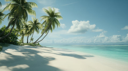 A tranquil beach scene showcasing lush palm trees, soft sand, and vibrant turquoise waters under a bright blue sky, ideal for conveying relaxation and serene tropical escapes.の素材