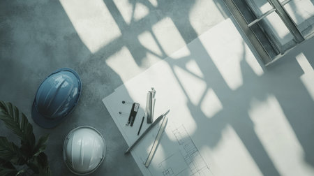 Aerial view of a workspace featuring construction tools, safety gear, and blueprints, with dynamic shadows cast by sunlight, showcasing an active building environment.の素材