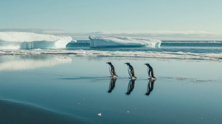 Four penguins walk gracefully on an icy shoreline in Antarctica, their reflections shimmering in the calm waters, with majestic icebergs and a clear blue sky in the background.の素材