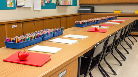 A vibrant classroom setting with organized supplies, featuring red apples, colorful pencils, and neatly arranged papers, designed to foster creativity and enhance learning experiences.の素材