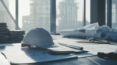 A detailed glimpse into a construction workspace featuring a hard hat, blueprints, and architectural plans, emphasizing the importance of planning and design in modern construction projects.の素材