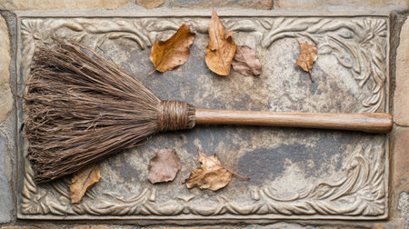 A rustic broom rests on a textured stone surface, accompanied by scattered dry leaves, creating a warm and inviting autumn atmosphere perfect for seasonal decor.の素材