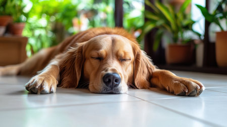 A golden retriever enjoys a peaceful nap on a tiled floor, surrounded by lush indoor plants, creating a warm and serene atmosphere in a cozy home setting.の素材