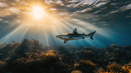 A breathtaking scene of a shark gliding through clear waters, surrounded by vibrant coral formations, illuminated by sunlight, showcasing the serenity and beauty of marine life.の素材
