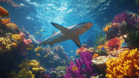 Explore the beauty of a colorful coral reef as a shark swims gracefully through the vibrant marine life, showcasing the natural wonders of the ocean ecosystem.の素材