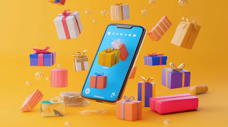 A vibrant setting featuring a smartphone displaying happy gifts, floating amidst bubbles against a striking yellow background, ideal for festive and innovative promotional projects.の素材
