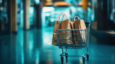 A shopping cart filled with brown paper bags stands on a sleek store floor, providing a perfect visual of consumer activity and the excitement of retail shopping.の素材