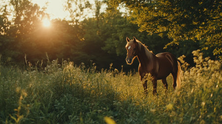 A stunning brown horse stands peacefully in a vibrant green field, bathed in warm sunlight during sunset, showcasing the beauty of nature and serenity.の素材