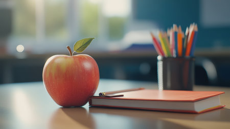 A vibrant red apple placed on a wooden desk next to a notepad and pencil, with colorful pencils in a cup, creating a warm and inviting educational atmosphere.の素材