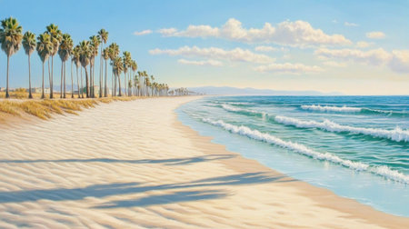 Experience the beauty of a tranquil beach scene featuring soft sand, gentle waves, and tall palm trees under a bright blue sky, evoking feelings of serenity and relaxation.の素材