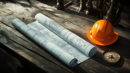 A detailed view of construction blueprints alongside a safety helmet and a compass, symbolizing project planning and architectural design in a natural light setting.の素材