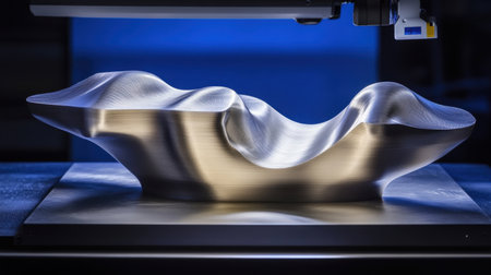 This striking metallic sculpture captures the eye with its fluid waves and reflective surfaces, enhanced by soft blue lighting, perfect for artistic and modern design contexts.の素材