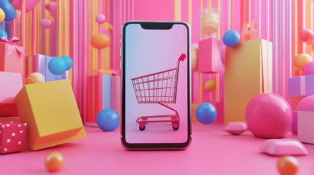 A vibrant smartphone displays a shopping cart icon amidst colorful gifts and playful shapes, showcasing a modern online shopping experience in a festive atmosphere.の素材