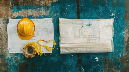 A vibrant overhead view showcasing essential construction tools including a yellow hard hat, tape measure, and detailed blueprints on a rustic surface, perfect for project planning.の素材