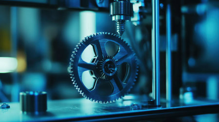 This image features a detailed view of a metal gear in motion within an industrial environment, emphasizing the precision of mechanical components and modern manufacturing techniques.の素材