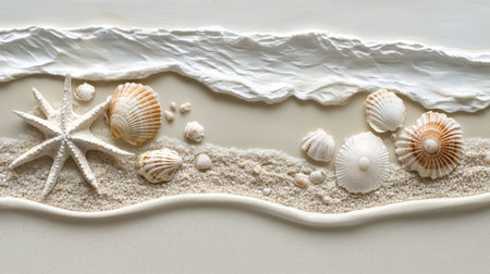 A calming beach scene featuring a variety of seashells and a starfish elegantly arranged on soft white sand, evoking tranquility and natural beauty by the sea.の素材