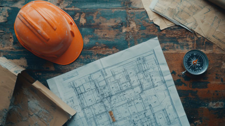 A dynamic construction workspace showcasing a blueprint, an orange hard hat, and a compass on a weathered wooden table, ideal for architecture and engineering themes.の素材