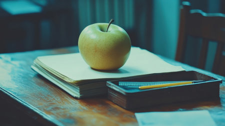 A green apple sits on a stack of papers on a wooden table, alongside a pencil and ruler, creating a serene atmosphere for study and creativity in a cozy environment.の素材