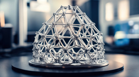 This captivating geometric sculpture features intricate patterns and light reflections, presenting a fusion of modern design and artistic innovation in a studio setting.の素材