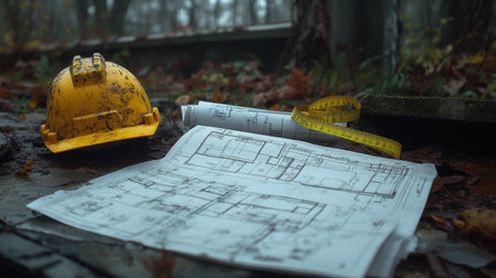 A hard hat rests on wet ground beside blueprints and a measuring tape, surrounded by colorful autumn leaves, capturing the essence of construction planning in nature.の素材