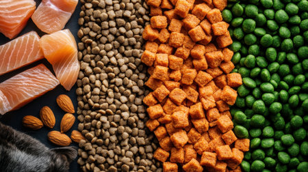 A vibrant arrangement of fresh salmon, assorted dry pet food, and nuts showcases a nutritious selection for animal diets, emphasizing health and variety in pet nutrition.の素材