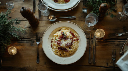 This captivating image showcases a beautifully arranged plate of spaghetti pasta, adorned with crispy bacon and parmesan, set against a rustic dining backdrop.の素材