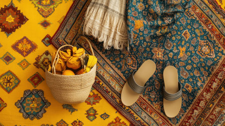 This captivating image features vibrant traditional textiles, a rustic basket filled with fresh fruits, and casual footwear, embodying a warm and inviting cultural atmosphere.の素材