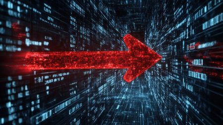 A vibrant red arrow symbolizes advancement within a high-tech data tunnel, showcasing the essence of speed and innovation through luminous coding patterns.の素材